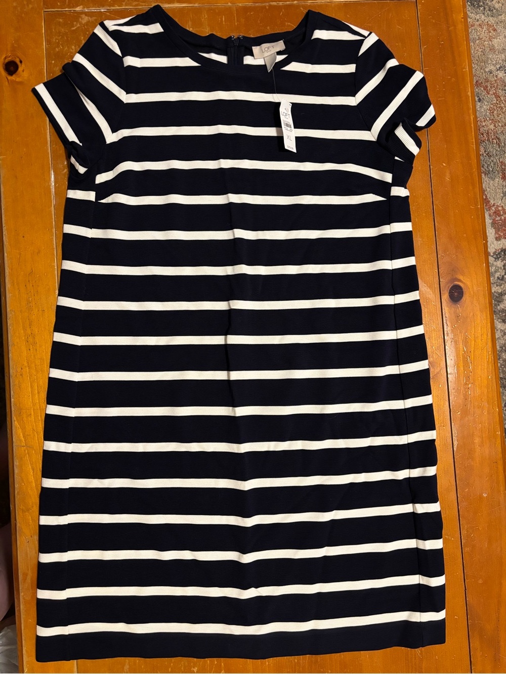 LOFT Navy & White Striped Ribbed Crew Neck Dress